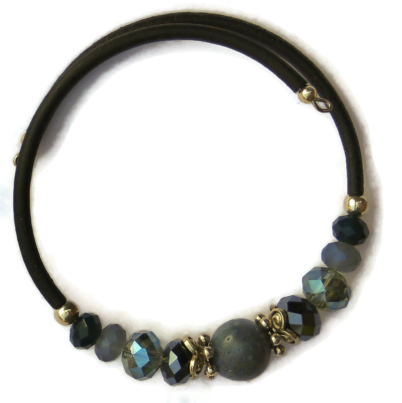 Wrap Bracelet and Earring Set - 10 mm round blue coral bead with mix blue glass beads
