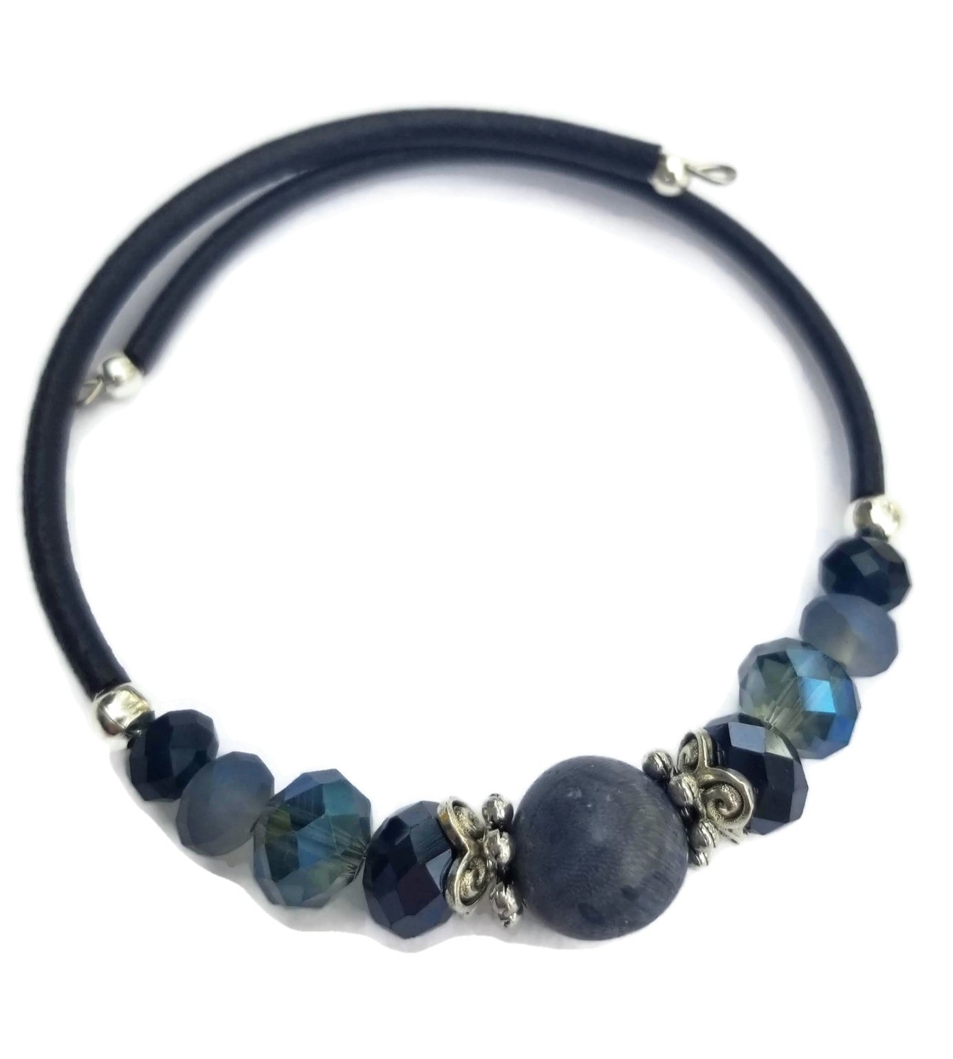 Wrap Bracelet and Earring Set - 10 mm round blue coral bead with mix blue glass beads