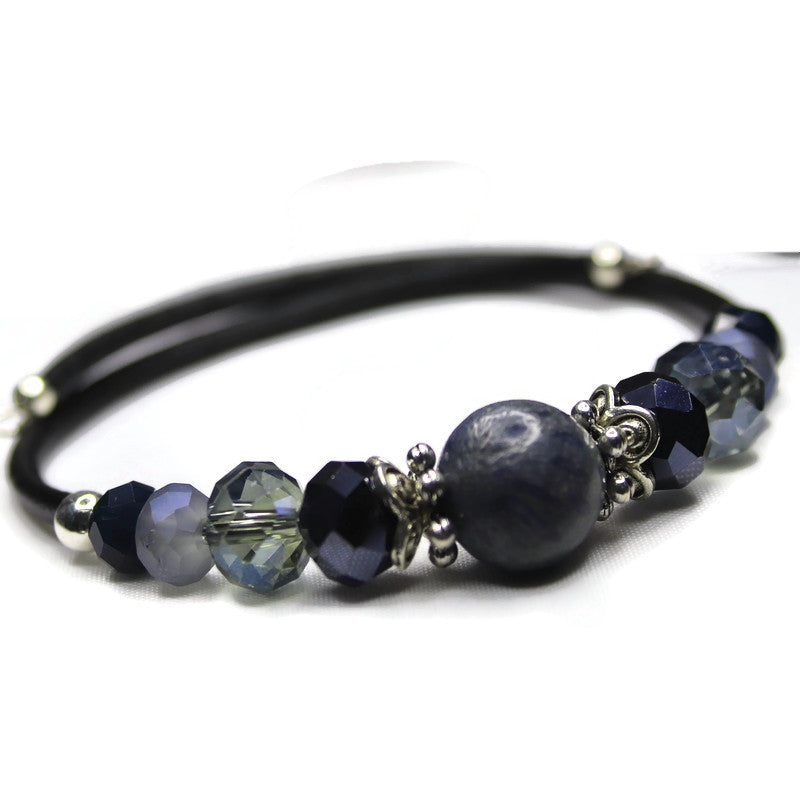 Wrap Bracelet and Earring Set - 10 mm round blue coral bead with mix blue glass beads