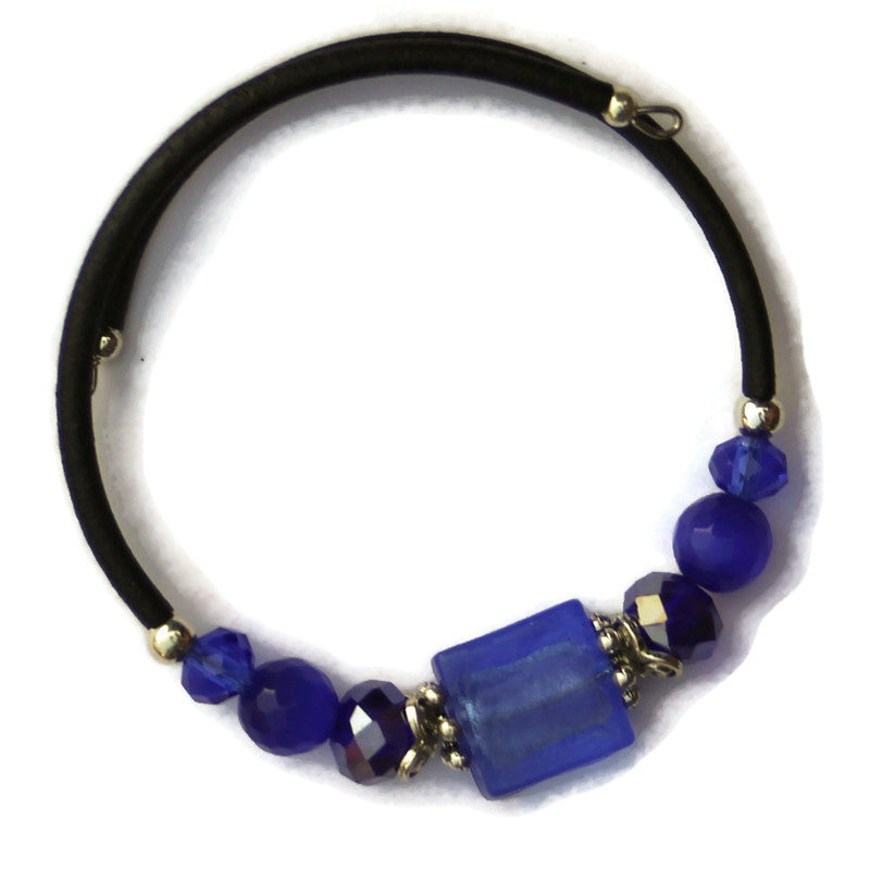 Wrap Bracelet & Earring Set - Cobalt Silver Foil Glass