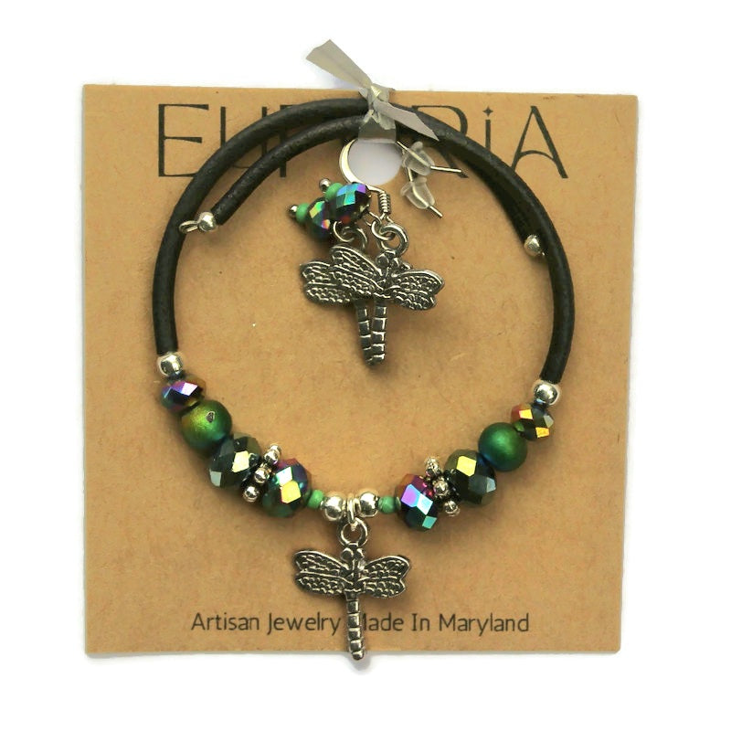 Wrap Bracelet & Earring Set - Dragonfly Charm