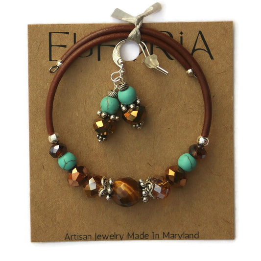 Wrap Bracelet & Earring Set - Tiger Eye and Turquoise