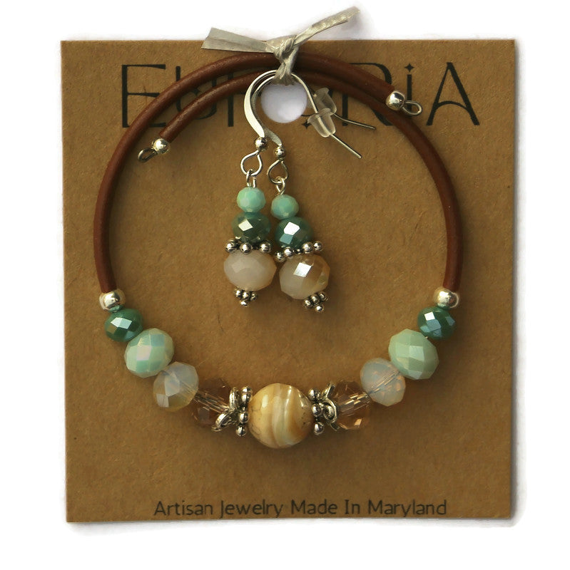 Wrap Bracelet and Earring Set - 10mm round natural shell bead with mix aqua and sandy colored beads