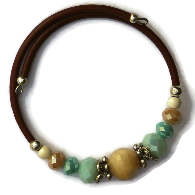 Wrap Bracelet - 10mm round natural shell bead with mix aqua and sandy colored beads