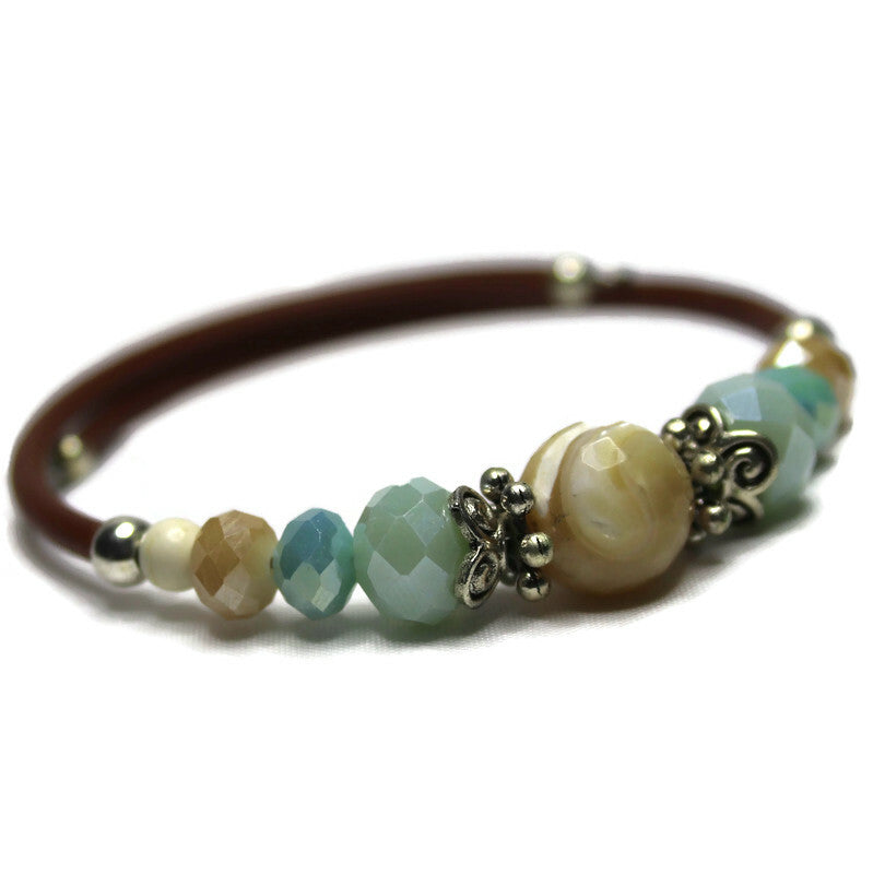 Wrap Bracelet - 10mm round natural shell bead with mix aqua and sandy colored beads