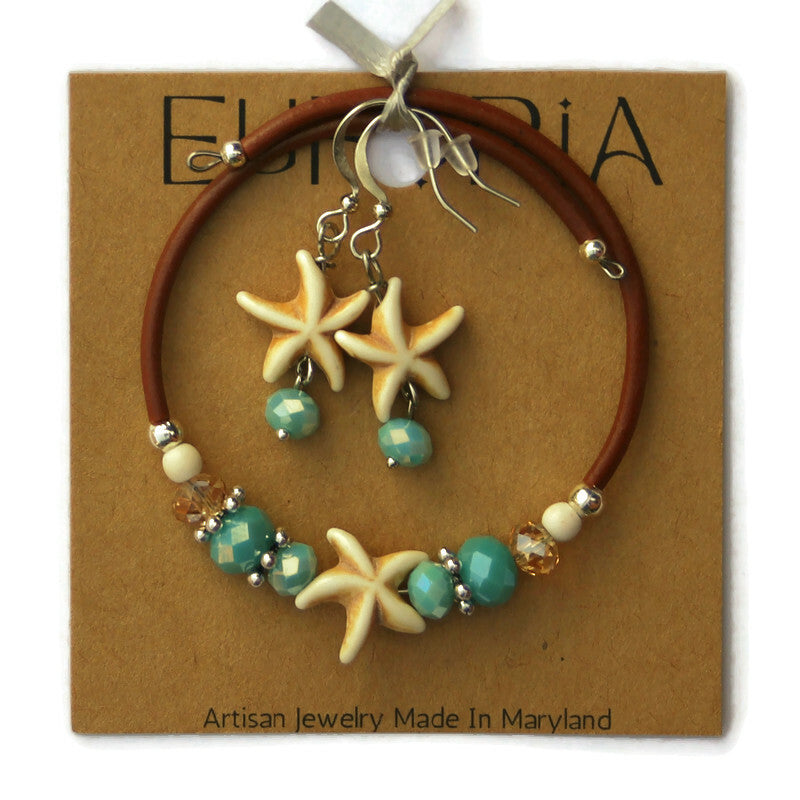 Wrap Bracelet and Earring Set - Bone color resin starfish beads with mix aqua and sandy colored beads