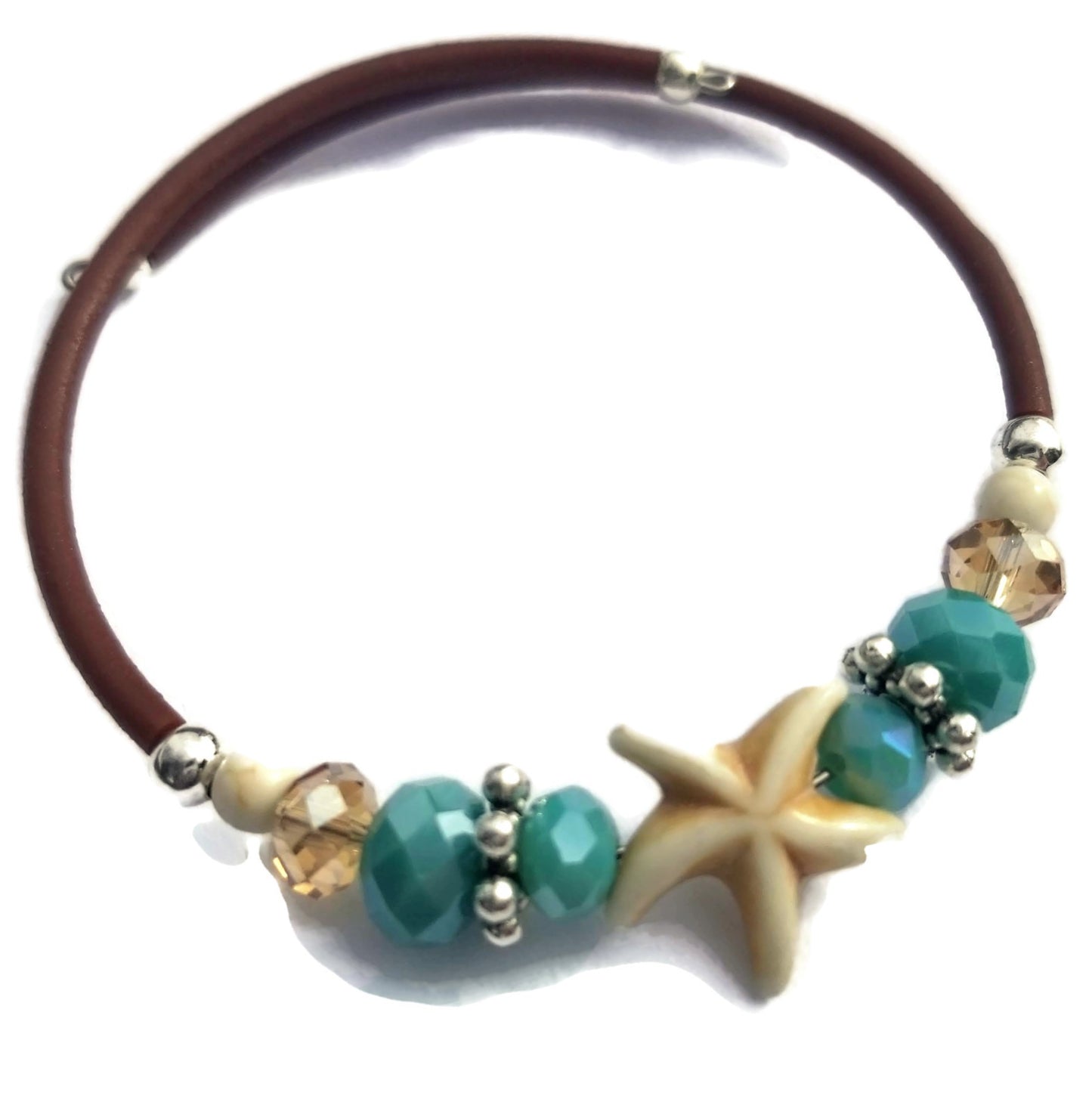 Wrap Bracelet - Bone color resin starfish bead with mix aqua and sandy colored beads