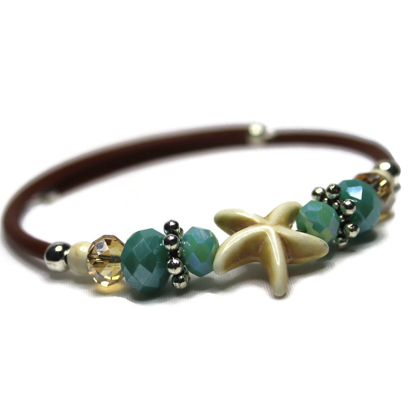 Wrap Bracelet - Bone color resin starfish bead with mix aqua and sandy colored beads