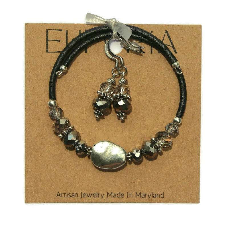 Wrap Bracelet & Earring Set - Organic Silver Oval