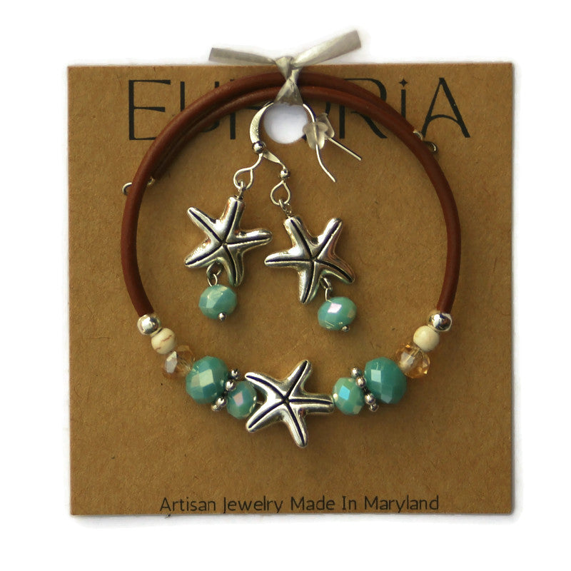 Wrap Bracelet and Earring Set - pewter star fish bead with mix aqua and sandy colored beads