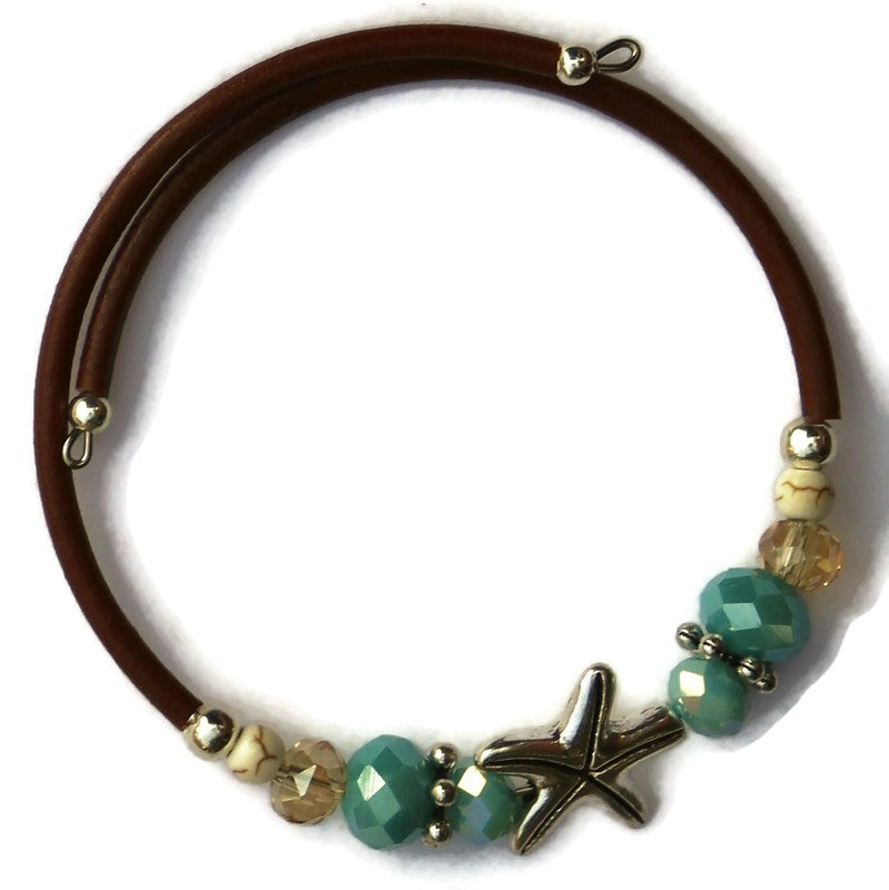 Wrap Bracelet - pewter star fish bead with mix aqua and sandy colored beads