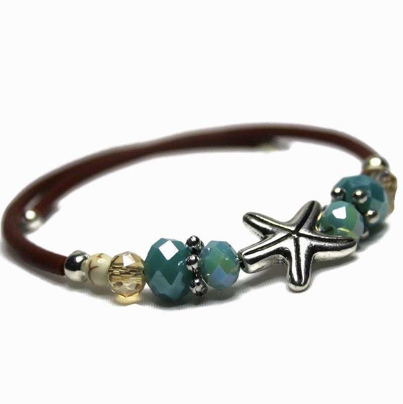 Wrap Bracelet - pewter star fish bead with mix aqua and sandy colored beads