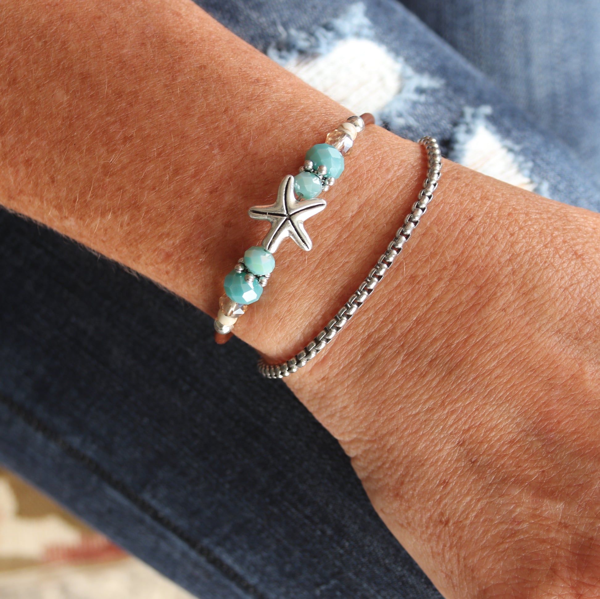 Wrap Bracelet - pewter star fish bead with mix aqua and sandy colored beads