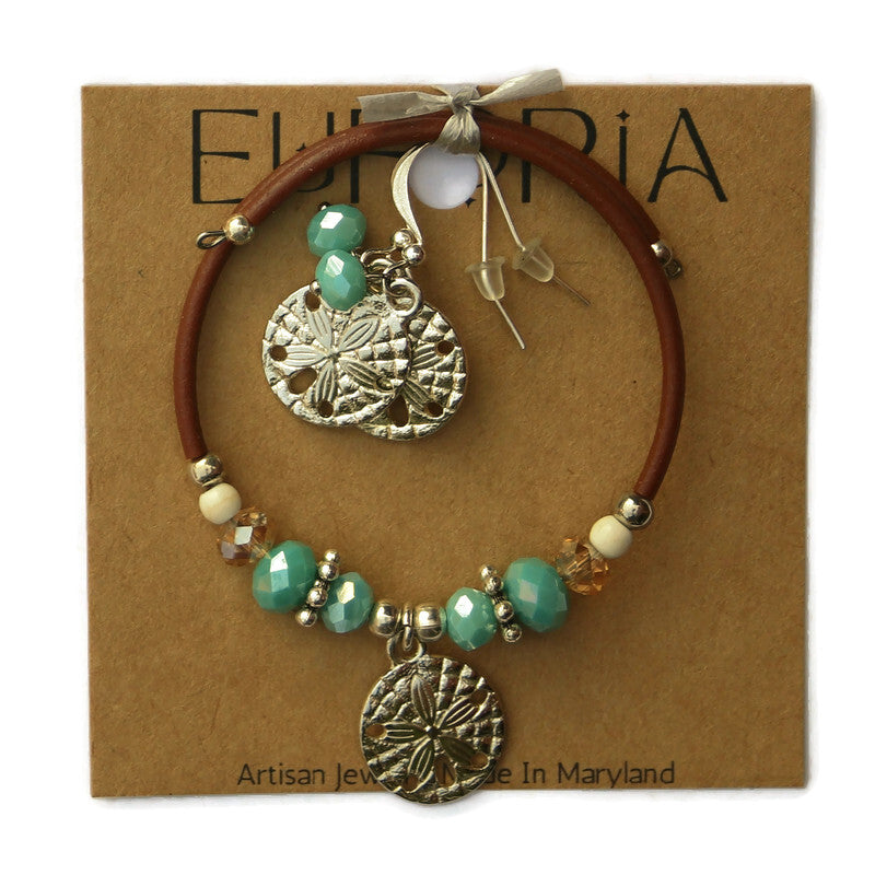 Wrap Bracelet and Earring Set - sand dollar pewter charms with mix aqua and sandy colored beads