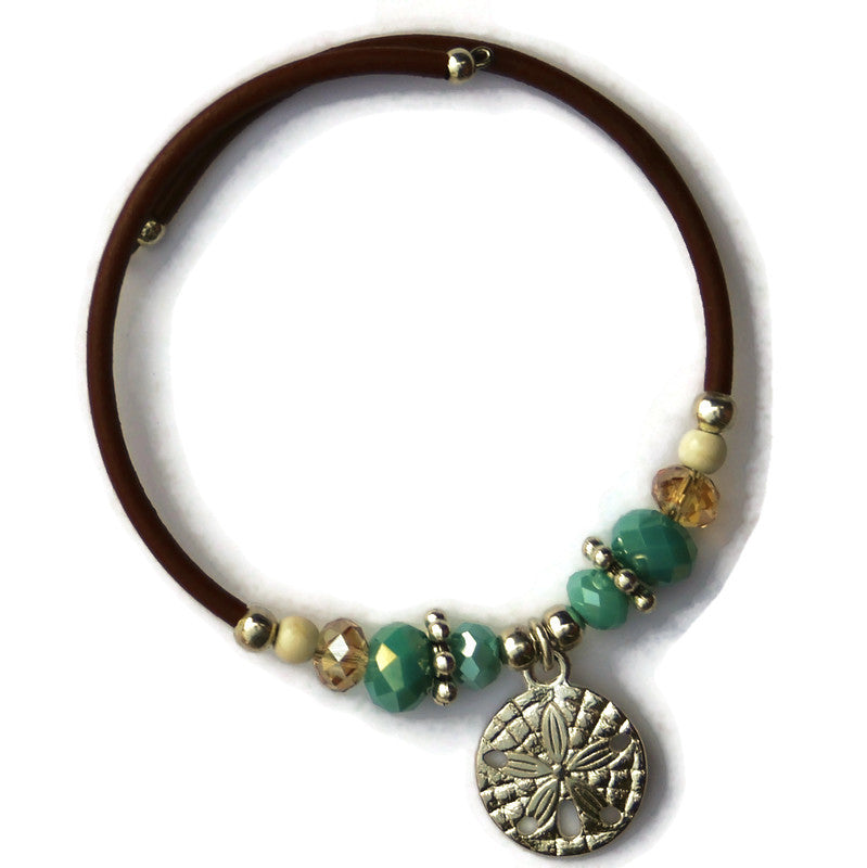 Wrap Bracelet - sand dollar pewter charm with mix aqua and sandy colored beads