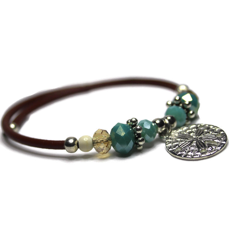 Wrap Bracelet - sand dollar pewter charm with mix aqua and sandy colored beads