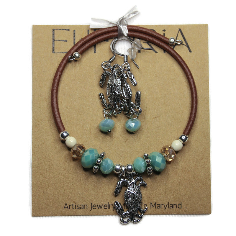 Wrap Bracelet and Earring Set - Crab pewter charms with mix aqua and sandy colored beads