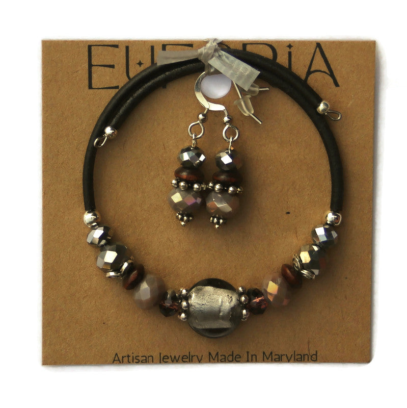 Wrap Bracelet & Earring Set - Gray foil glass