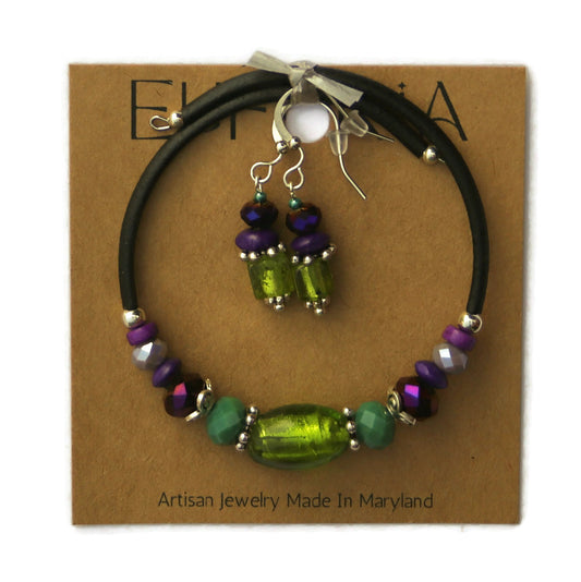 Wrap Bracelet and Earring Set - bright green glass over foil center bead with mix green and purple beads