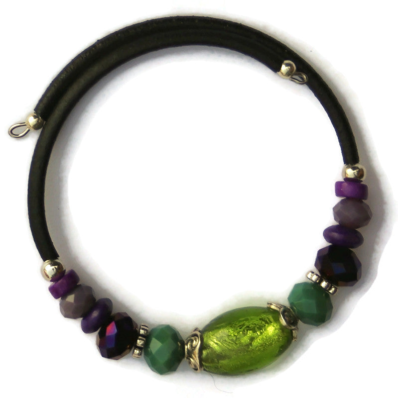 Wrap Bracelet - bright green glass over foil center bead with mix green and purple beads