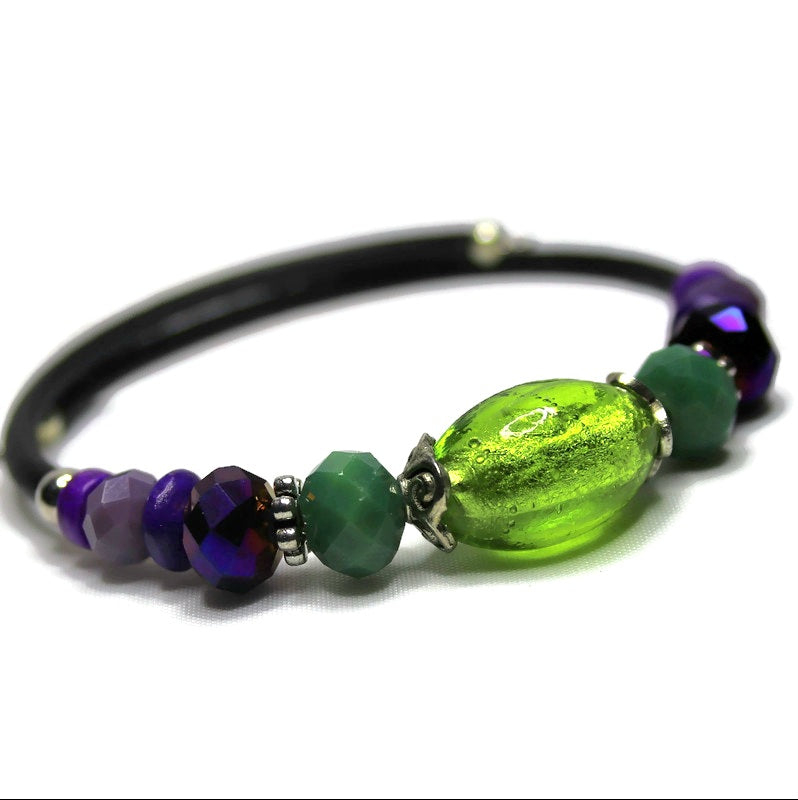 Wrap Bracelet - bright green glass over foil center bead with mix green and purple beads