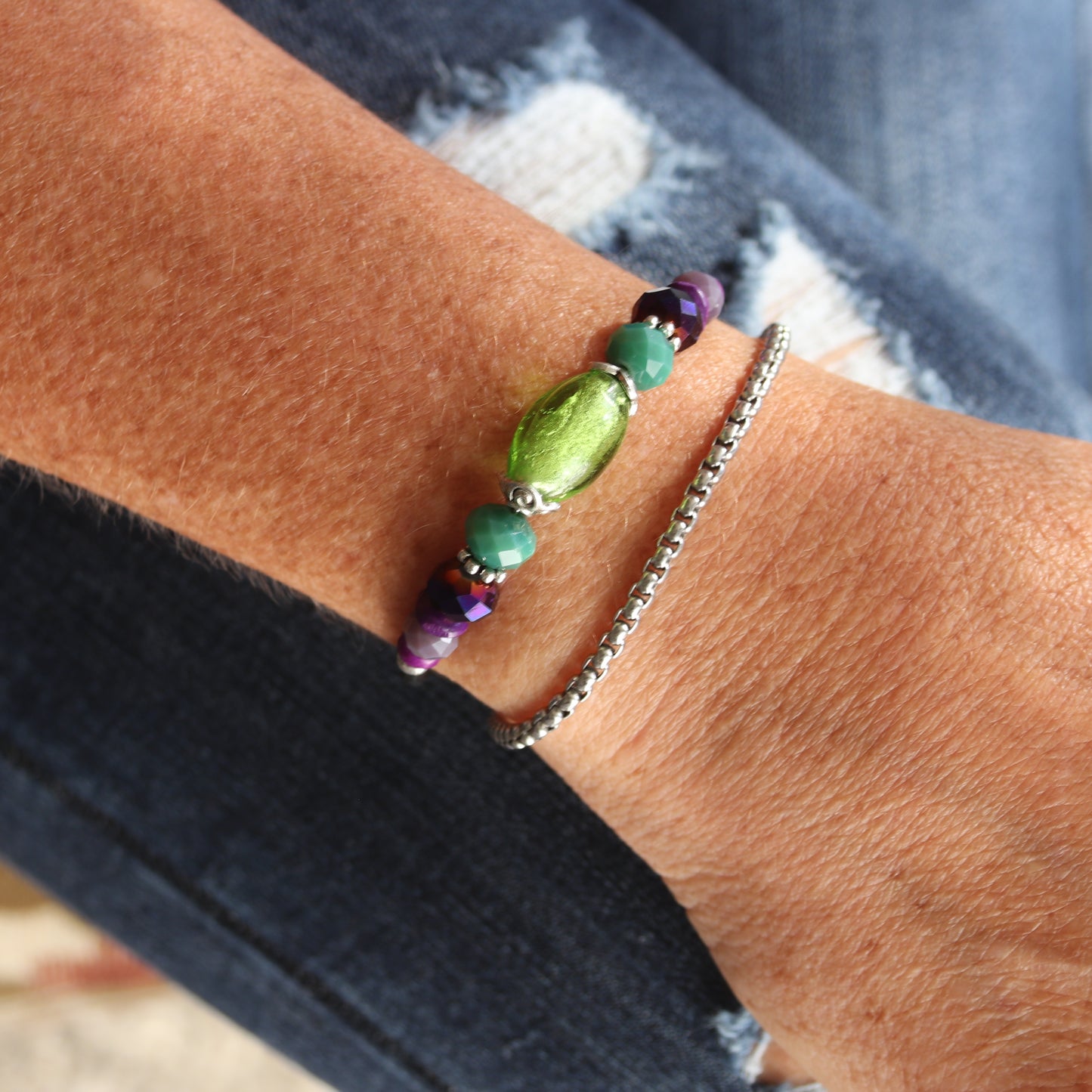 Wrap Bracelet - bright green glass over foil center bead with mix green and purple beads