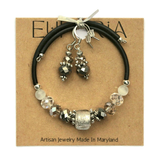 Wrap Bracelet & Earring Set - Clear Silver Foil Glass