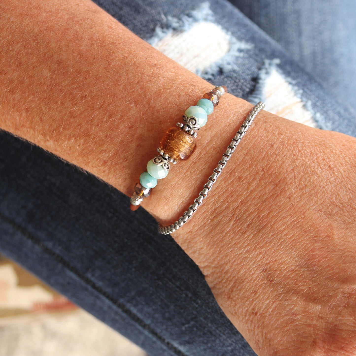 Wrap Bracelet & Earring Set - Rose Gold Foil Glass