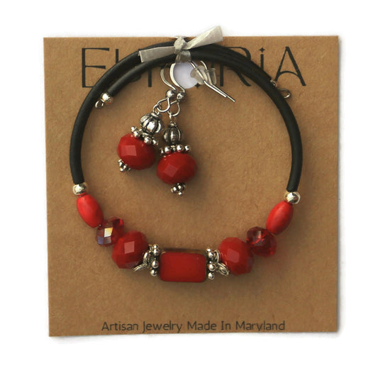 Wrap Bracelet & Earring Set - Red Czech Glass