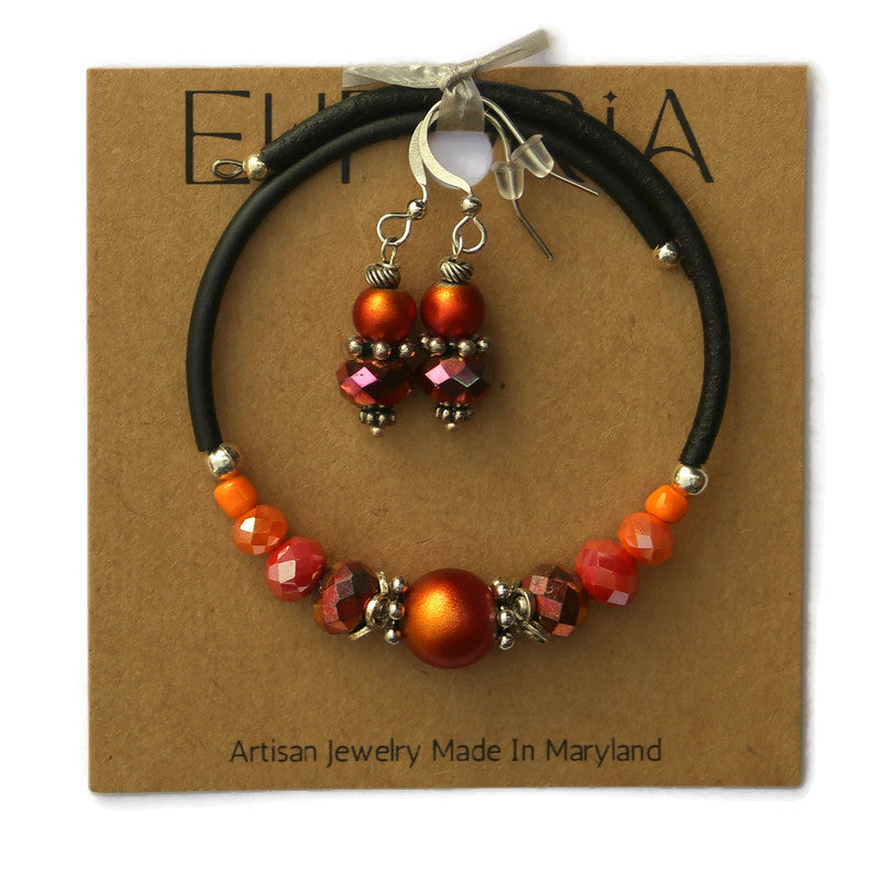 Wrap Bracelet & Earring Set - Iridescent Fire Orange Glass