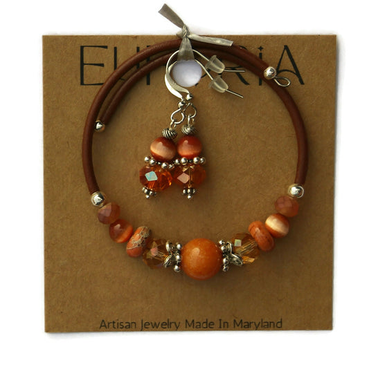 Wrap Bracelet & Earring Set - Burnt Orange Riverstone