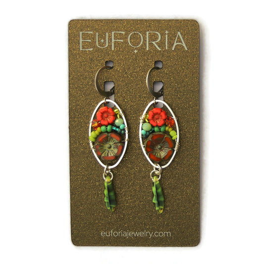 Dangle Earrings - Czech glass flowers, Swarovski, Japanese seed beads woven onto silver oval hoop. Stainless steel euro wires. Length about 2.25"