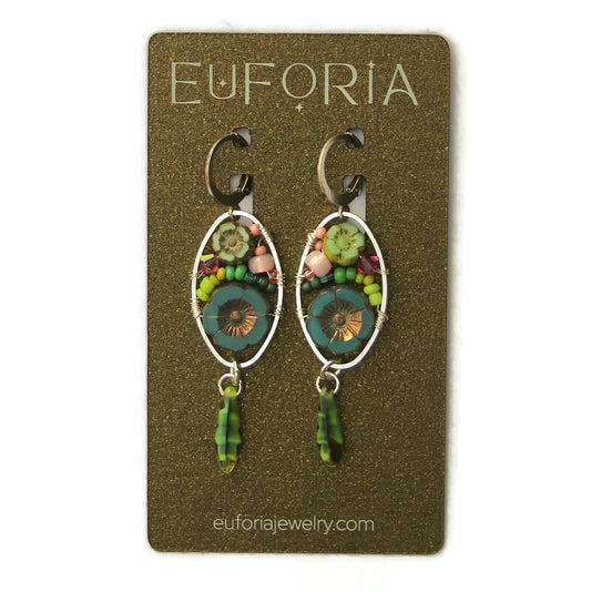 Dangle Earrings - Czech glass flowers, Swarovski, Japanese seed beads woven onto silver oval hoop. Stainless steel euro wires. Length about 2.25"