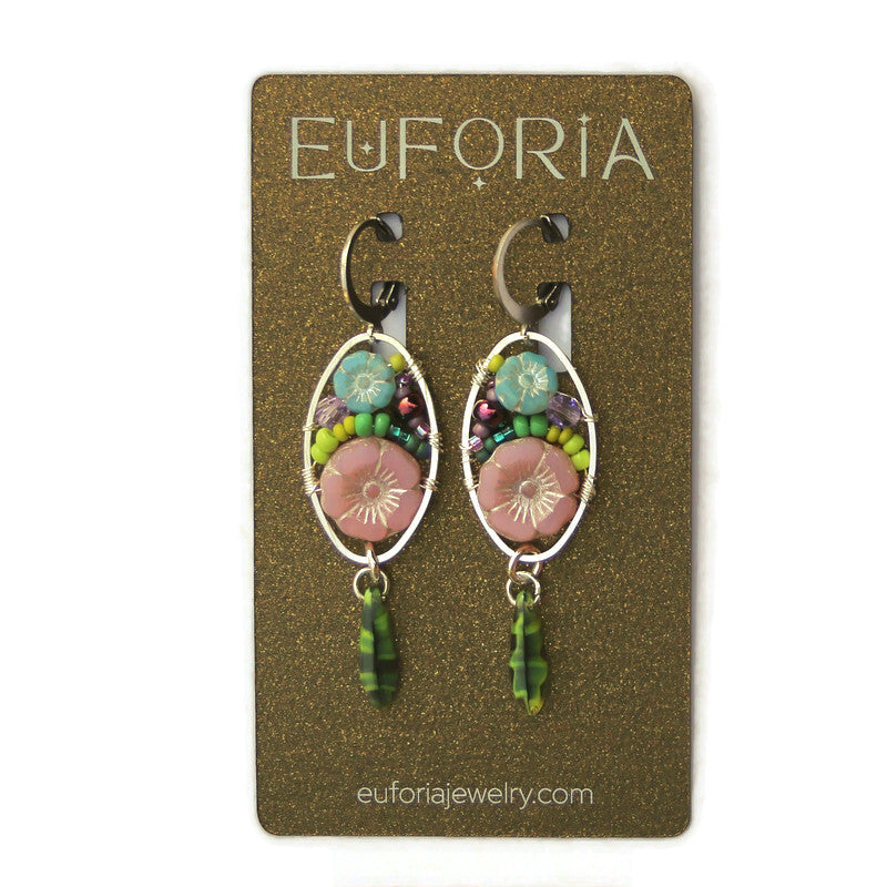 Dangle Earrings - Czech glass flowers, Swarovski, Japanese seed beads woven onto silver oval hoop. Stainless steel euro wires. Length about 2.25"