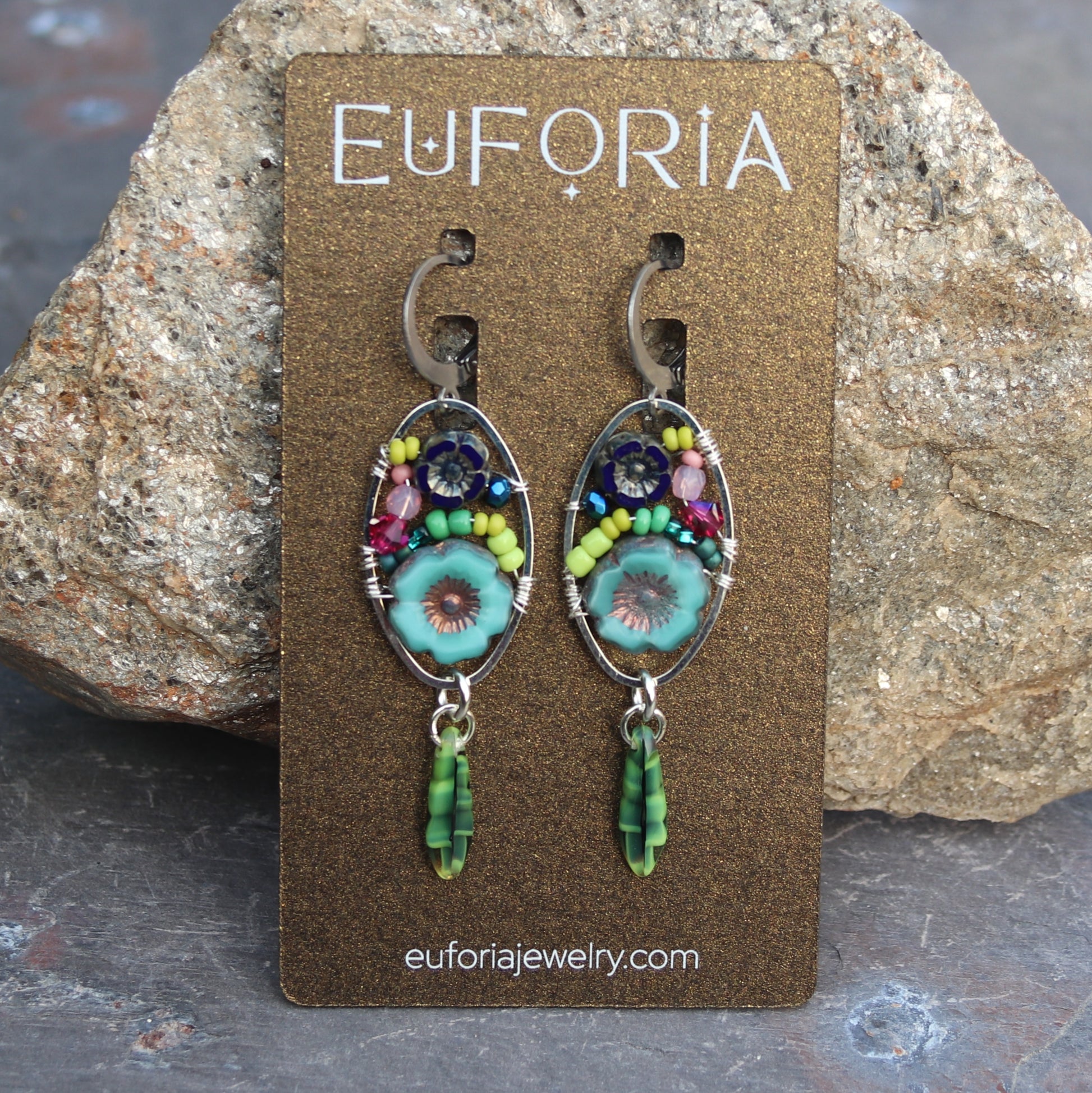 Dangle Earrings - Czech glass flowers, Swarovski, Japanese seed beads woven onto silver oval hoop. Stainless steel euro wires. Length about 2.25"