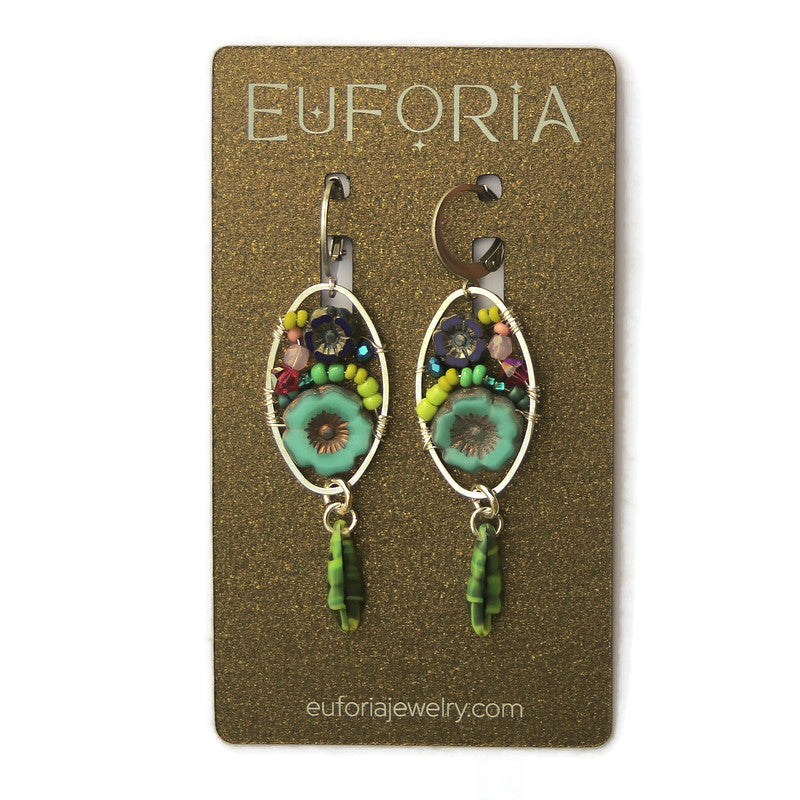 Dangle Earrings - Czech glass flowers, Swarovski, Japanese seed beads woven onto silver oval hoop. Stainless steel euro wires. Length about 2.25"