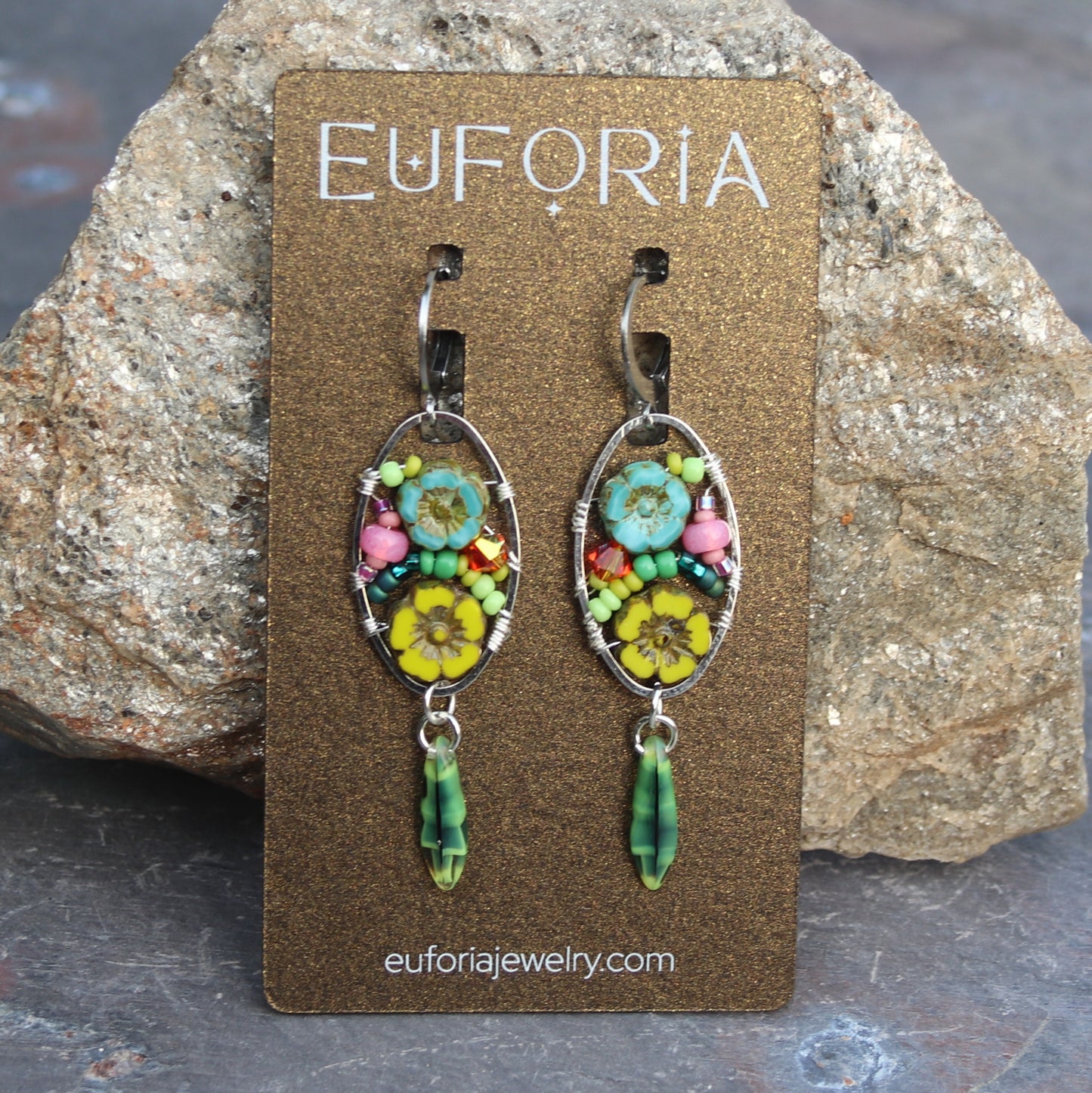 Dangle Earrings - Czech glass flowers, Swarovski, Japanese seed beads woven onto silver oval hoop. Stainless steel euro wires. Length about 2.25"