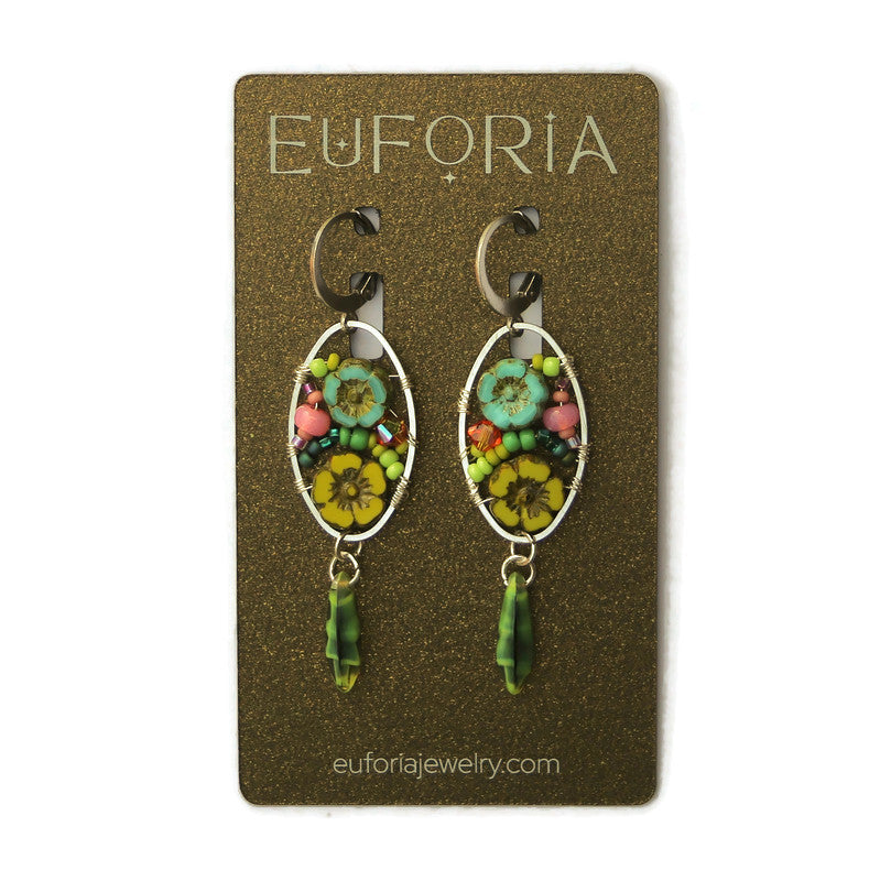 Dangle Earrings - Czech glass flowers, Swarovski, Japanese seed beads woven onto silver oval hoop. Stainless steel euro wires. Length about 2.25"