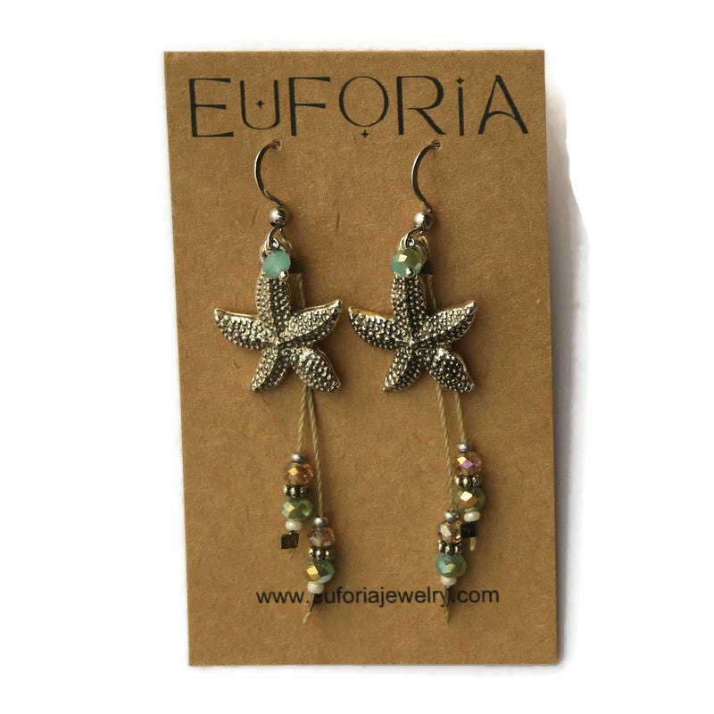 Dangle Earrings - silver starfish pewter charm and beaded tassel