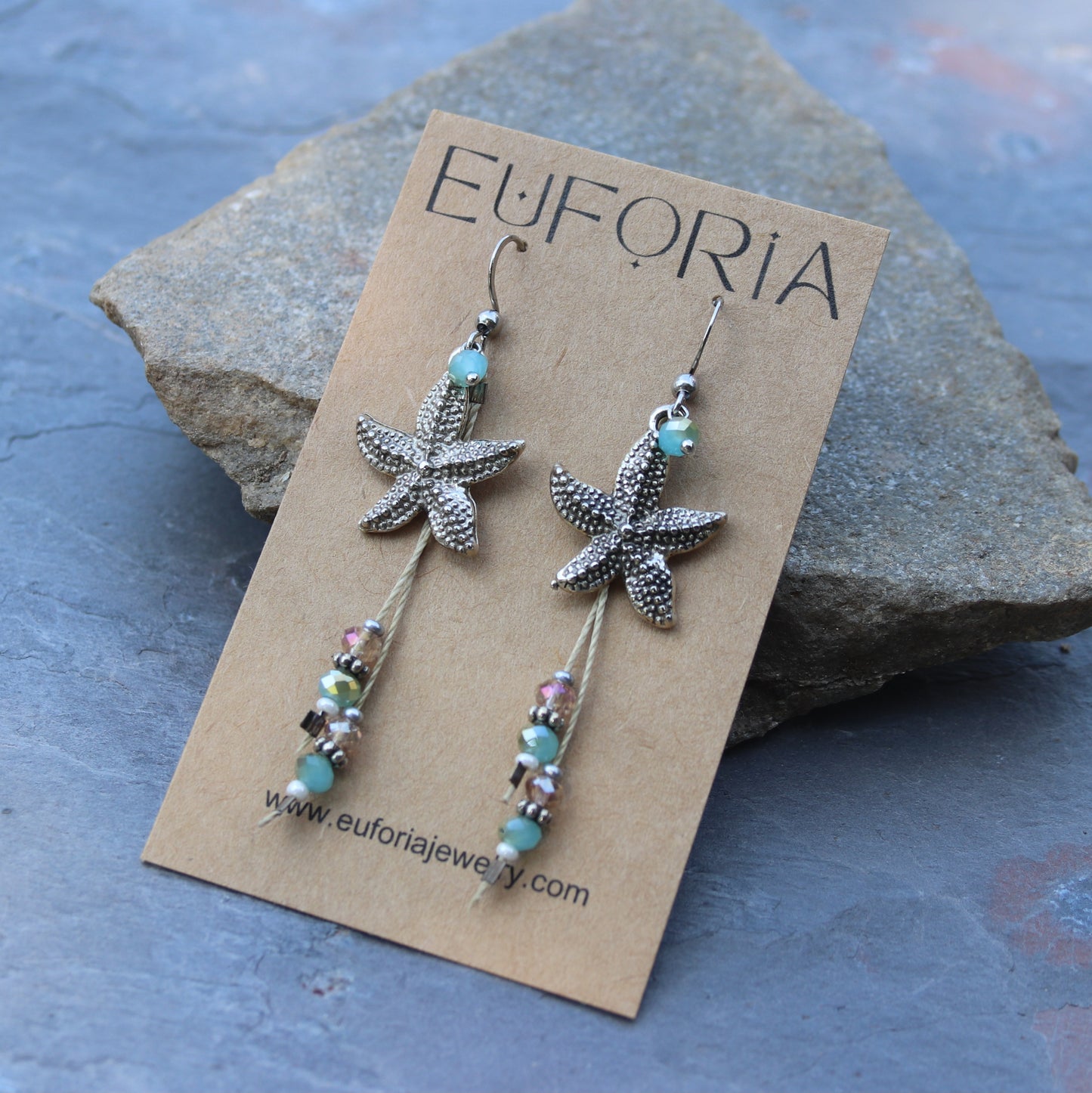 Dangle Earrings - silver starfish pewter charm and beaded tassel