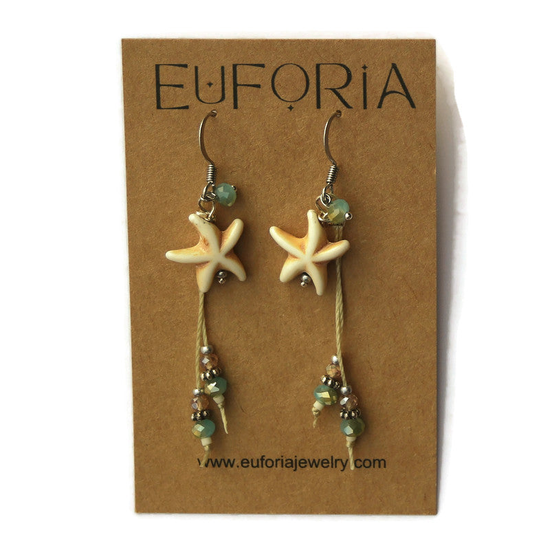 Dangle Earrings - bone colored resin starfish bead and beaded tassel