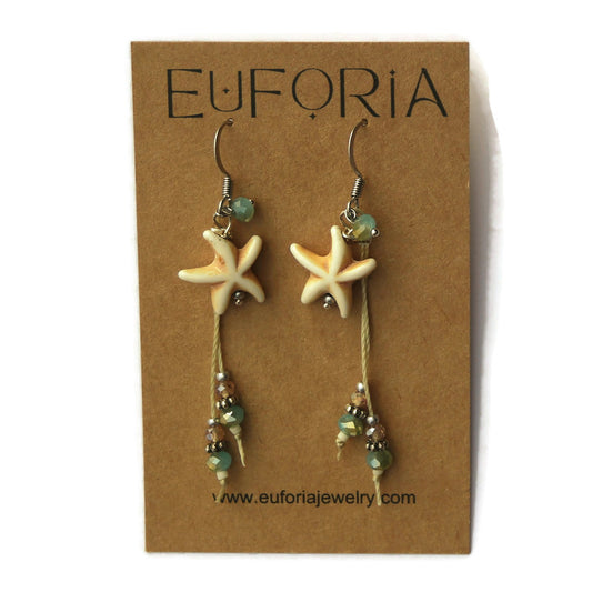 Dangle Earrings - bone colored resin starfish bead and beaded tassel