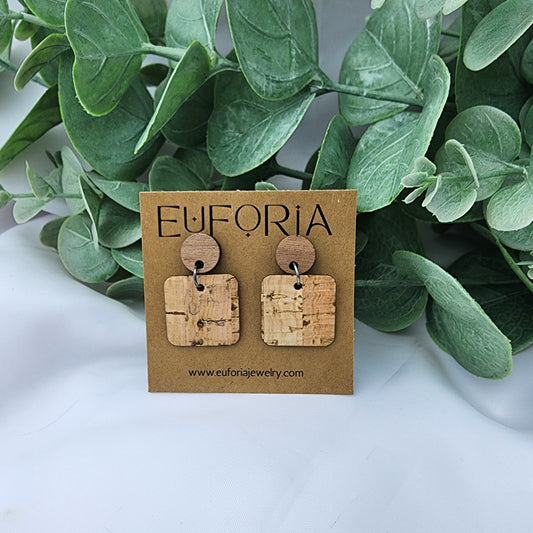 Cork square earrings with round wood post. .75" squares of natural cork with gold accents.