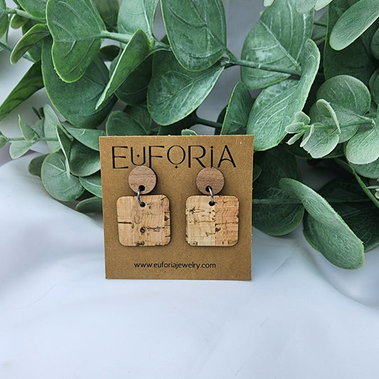 Cork square earrings with round wood post. .75" squares of natural cork with gold accents.