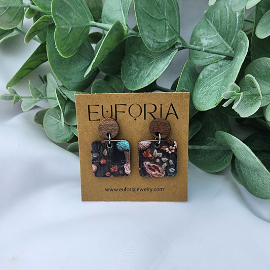 Cork over leather square earrings with round wood post. .75" squares Vintage style floral and mushrooms on a earthy or bark background.