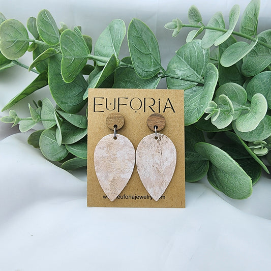 Faux leather teardrop earrings.  Pale pink and beige fabric with metallic rose gold accents for just a bit of flash.  