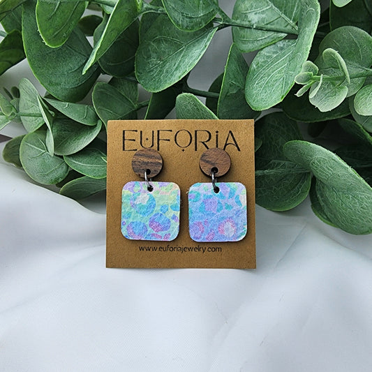 leather square earrings with round wood post. .75" squares in dreamy ombre pastel leopard print.