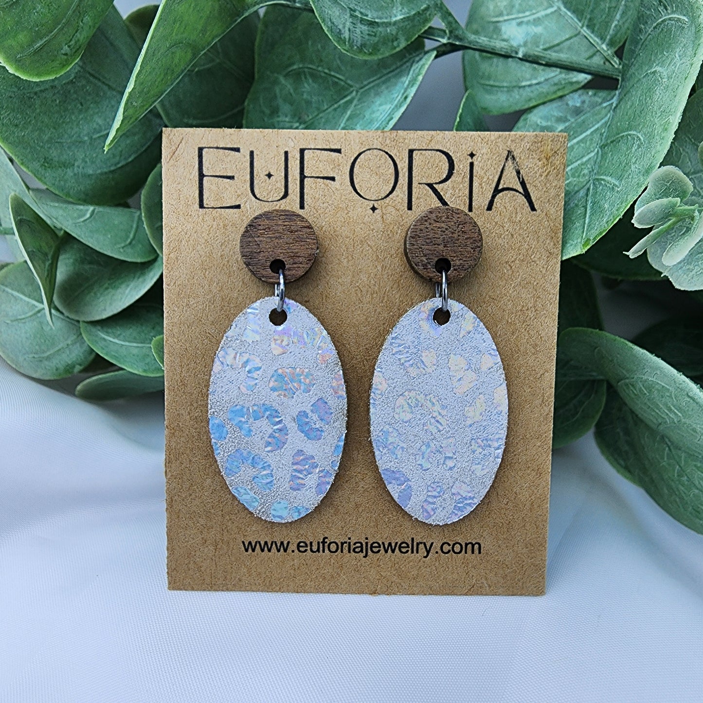 Oval Leather Earrings - Holographic Leopard Over White