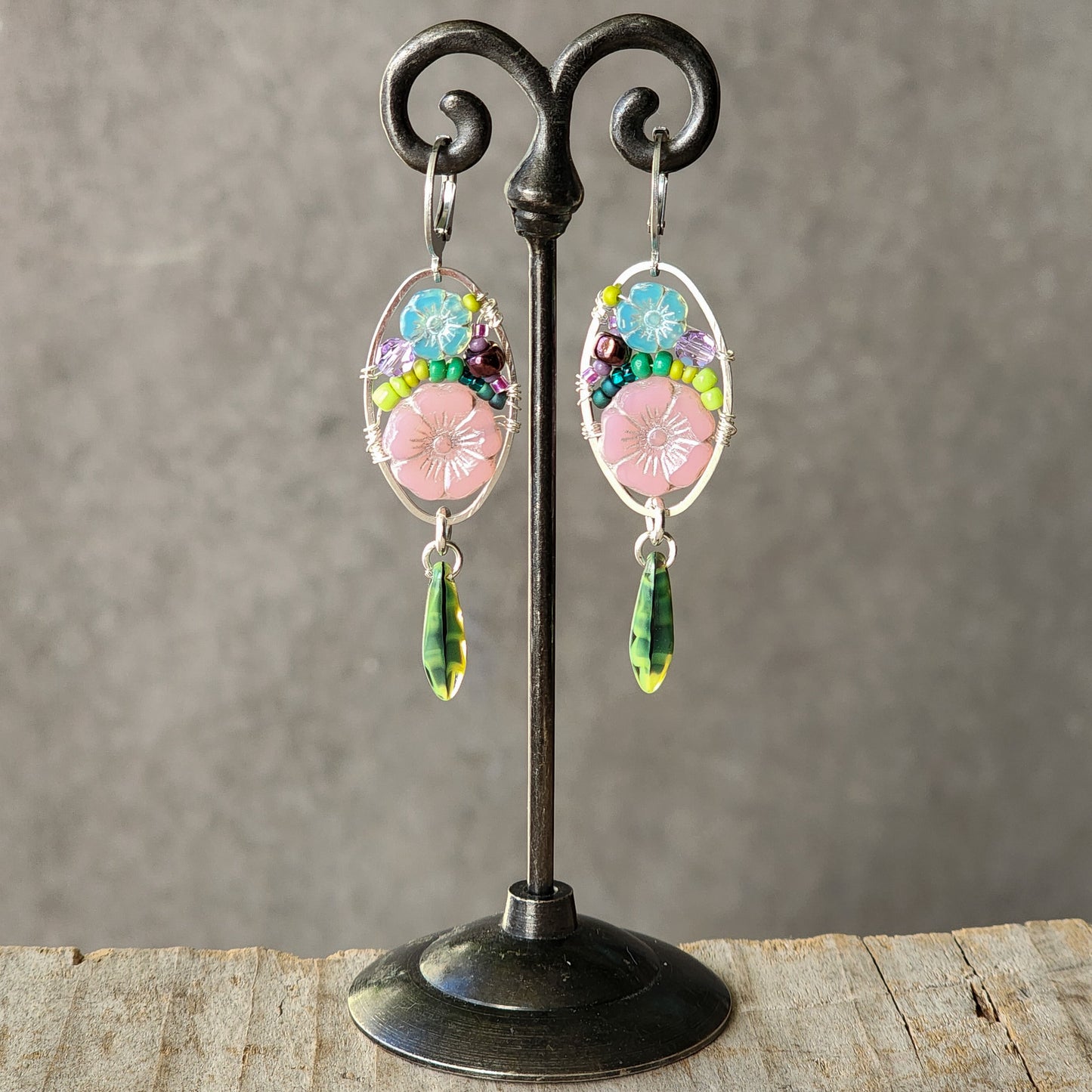 Dangle Earrings - Czech glass flowers, Swarovski, Japanese seed beads woven onto silver oval hoop. Stainless steel euro wires. Length about 2.25"