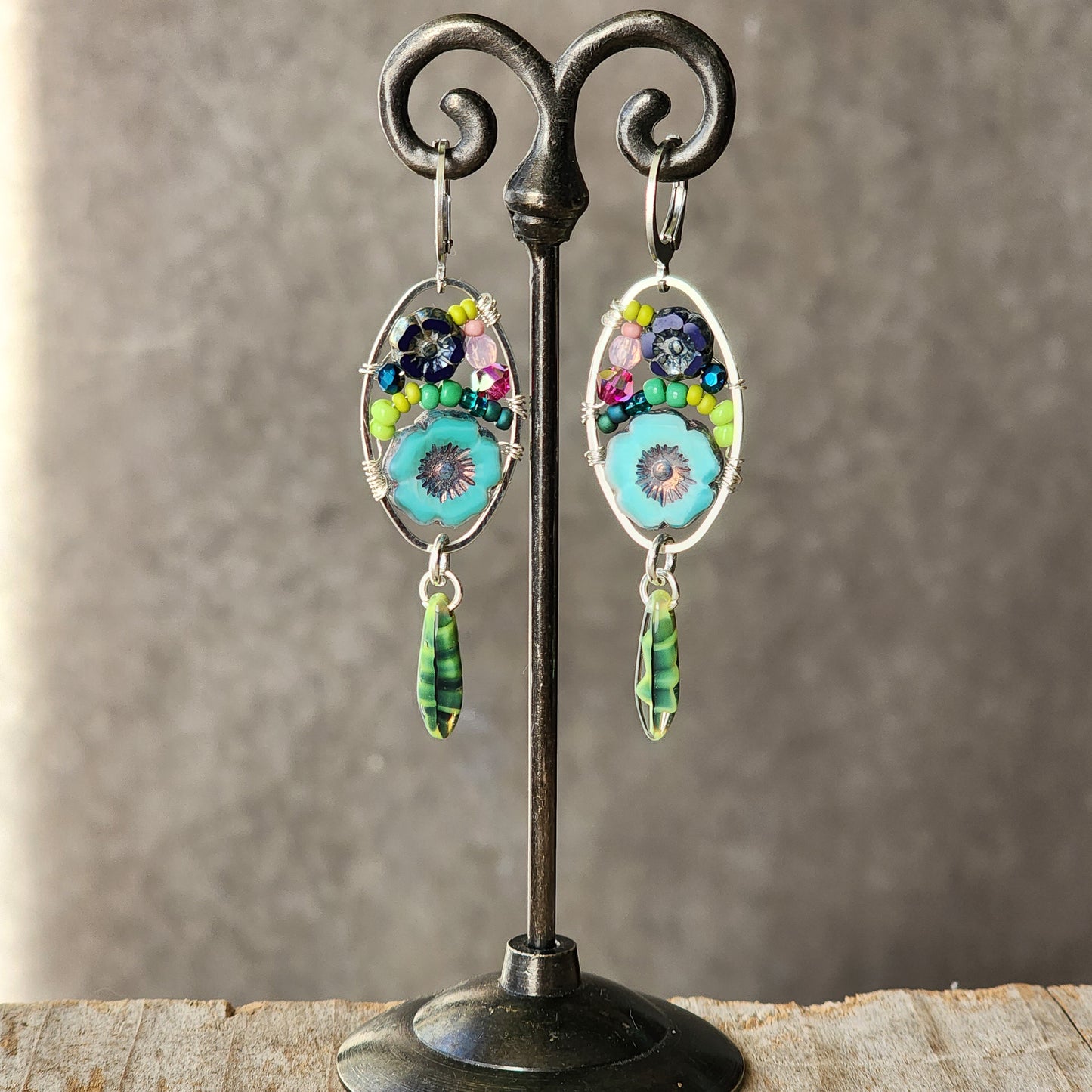 Dangle Earrings - Czech glass flowers, Swarovski, Japanese seed beads woven onto silver oval hoop. Stainless steel euro wires. Length about 2.25"
